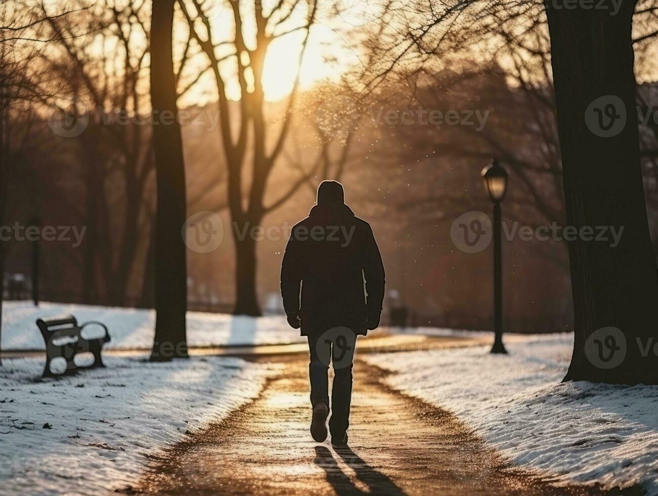 Mens geniet een ontspannen wandelen Aan een winter dag ai generatief foto