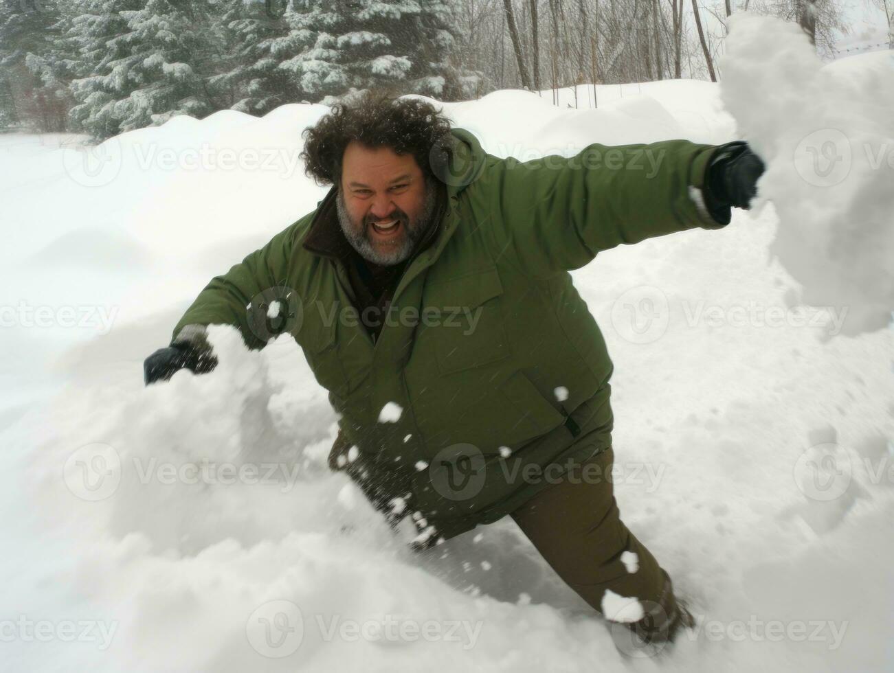 Mens geniet de winter besneeuwd dag in speels houding ai generatief foto