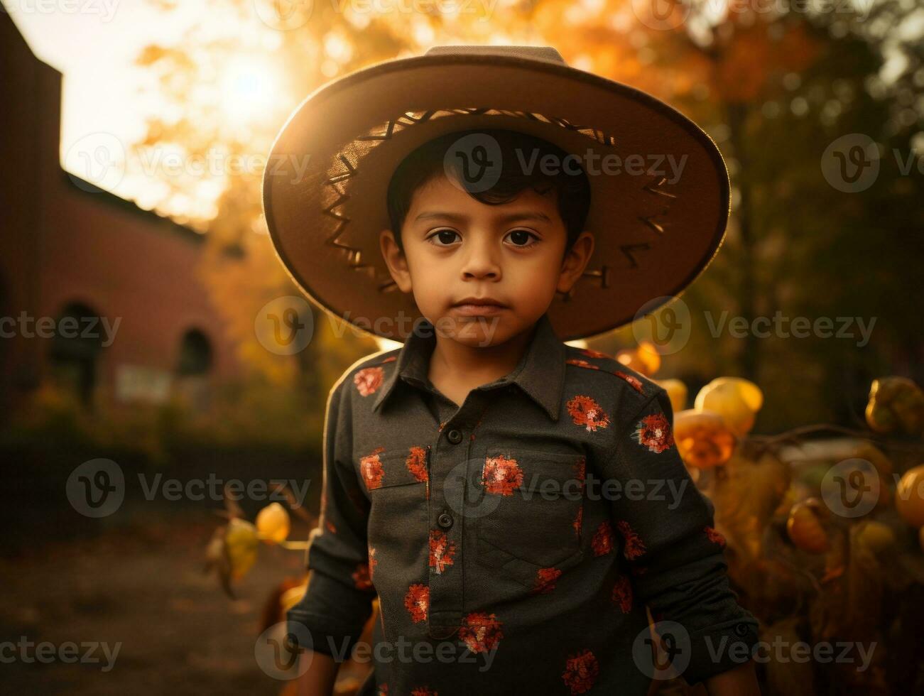 Mexicaans kind in emotioneel dynamisch houding Aan herfst achtergrond ai generatief foto