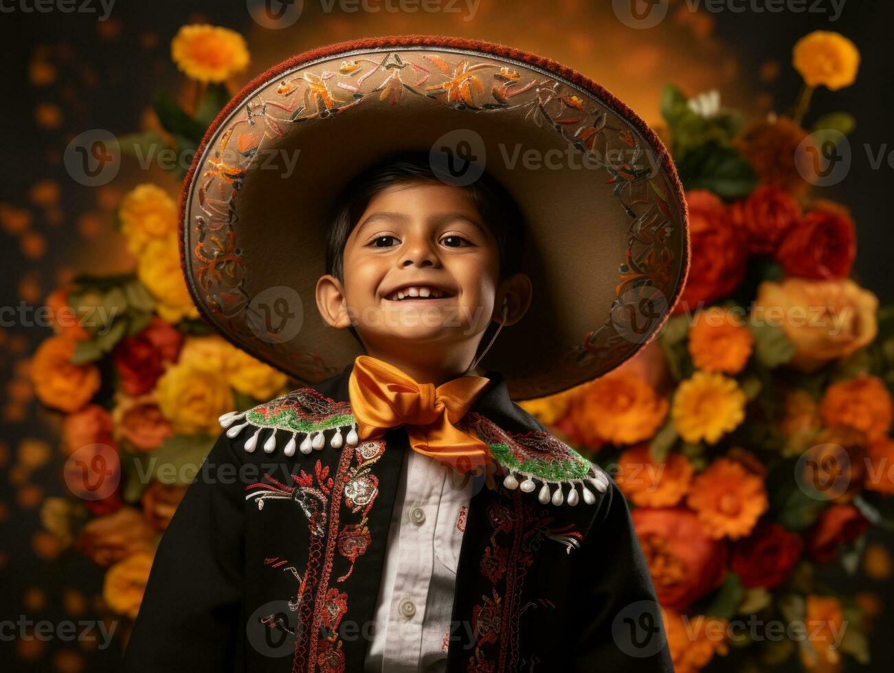 Mexicaans kind in emotioneel dynamisch houding Aan herfst achtergrond ai generatief foto