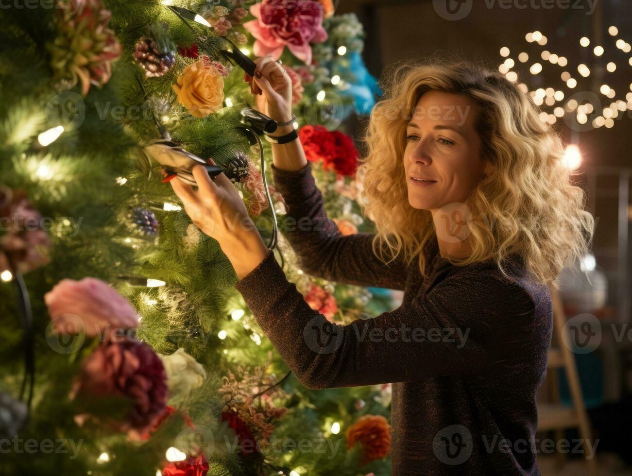 vrouw decoreren een Kerstmis boom met ornamenten en lichten ai generatief foto