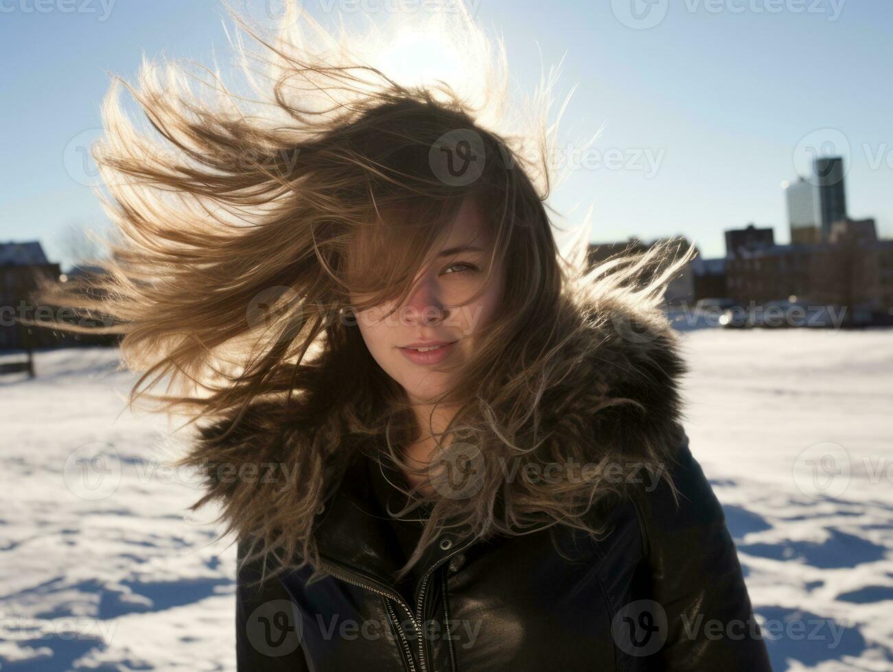 vrouw geniet in de winter dag in emotioneel speels houding ai generatief foto