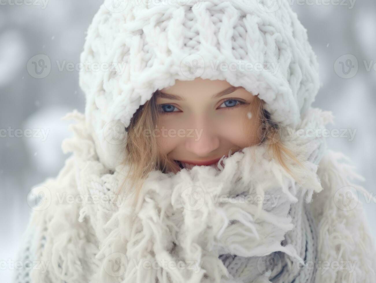 vrouw geniet in de winter dag in emotioneel speels houding ai generatief foto