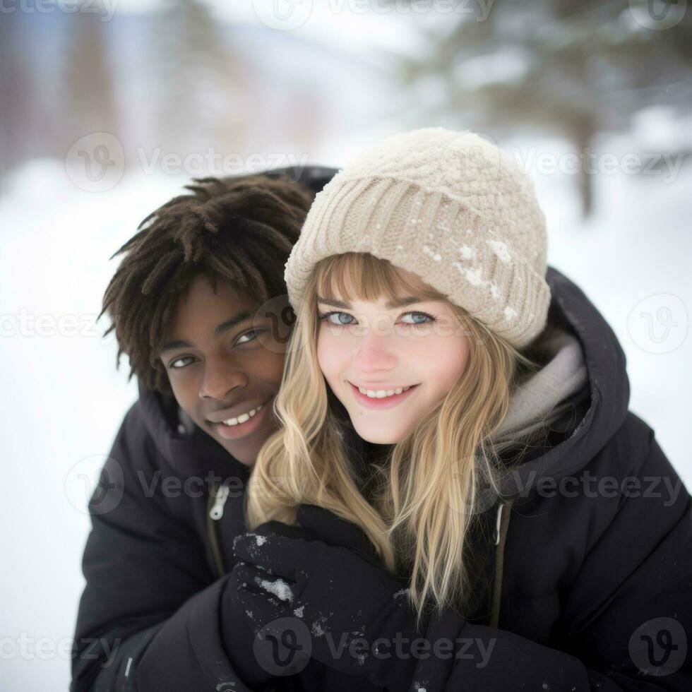liefhebbend tiener- interraciaal paar is genieten van een romantisch winter dag ai generatief foto