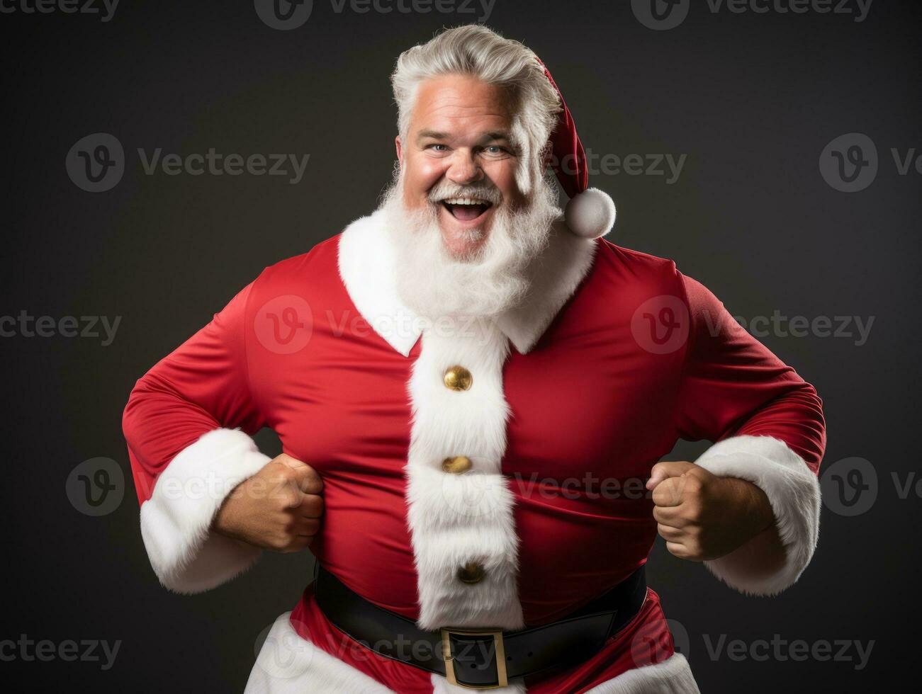 Mens gekleed net zo de kerstman claus in speels houding Aan solide achtergrond ai generatief foto