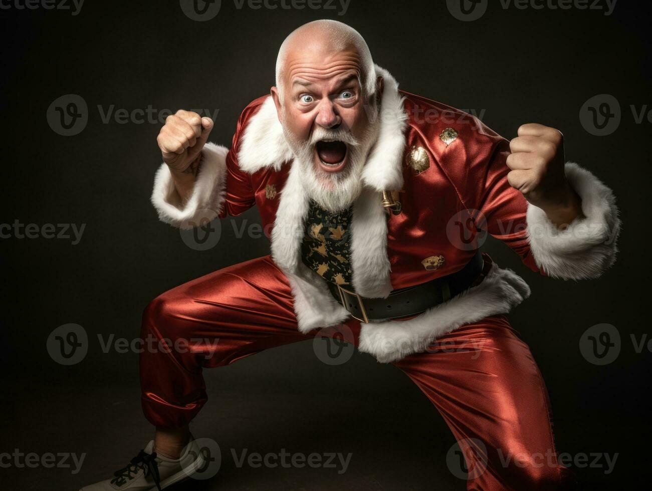 Mens gekleed net zo de kerstman claus in speels houding Aan solide achtergrond ai generatief foto