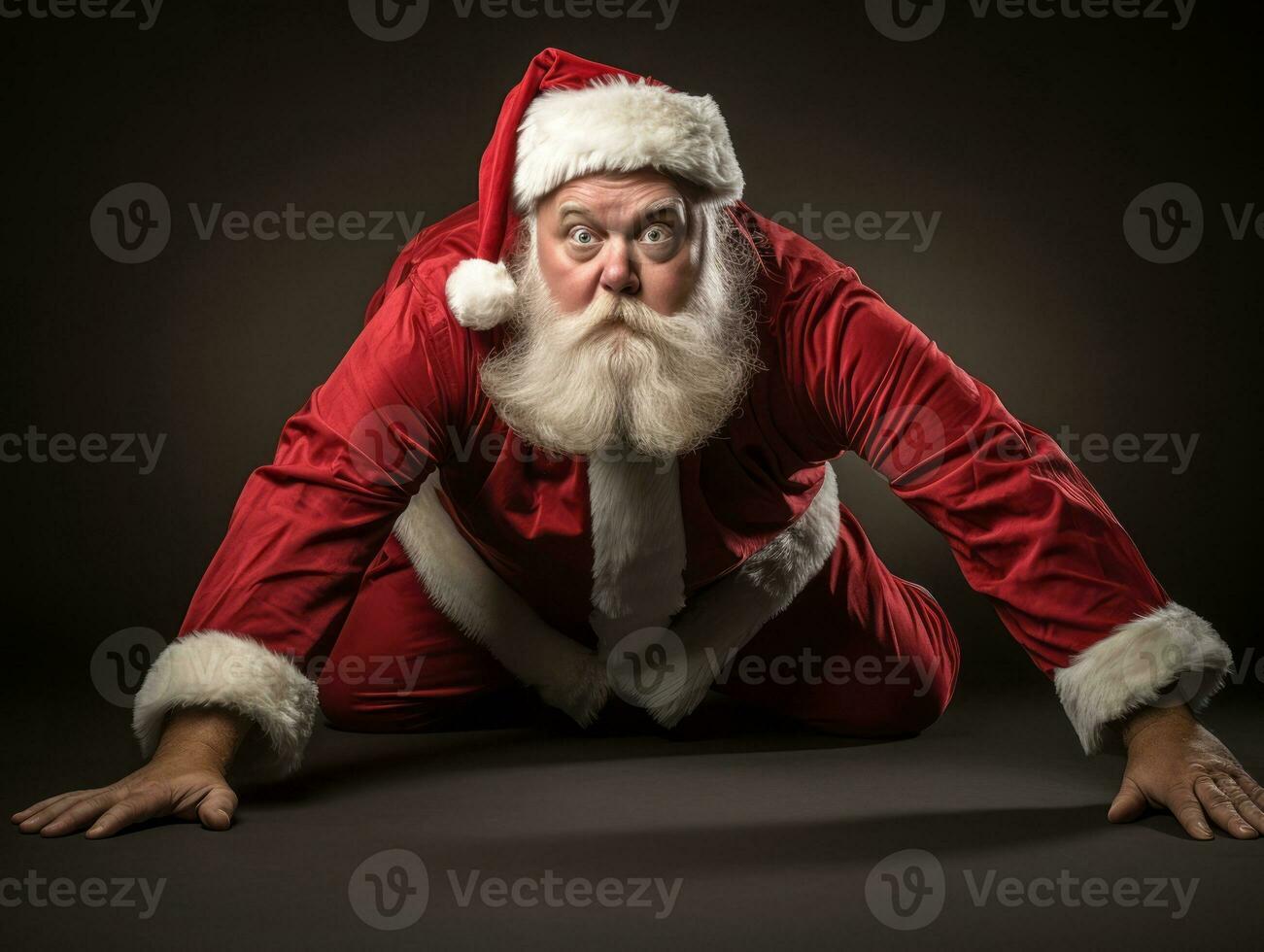 Mens gekleed net zo de kerstman claus in speels houding Aan solide achtergrond ai generatief foto