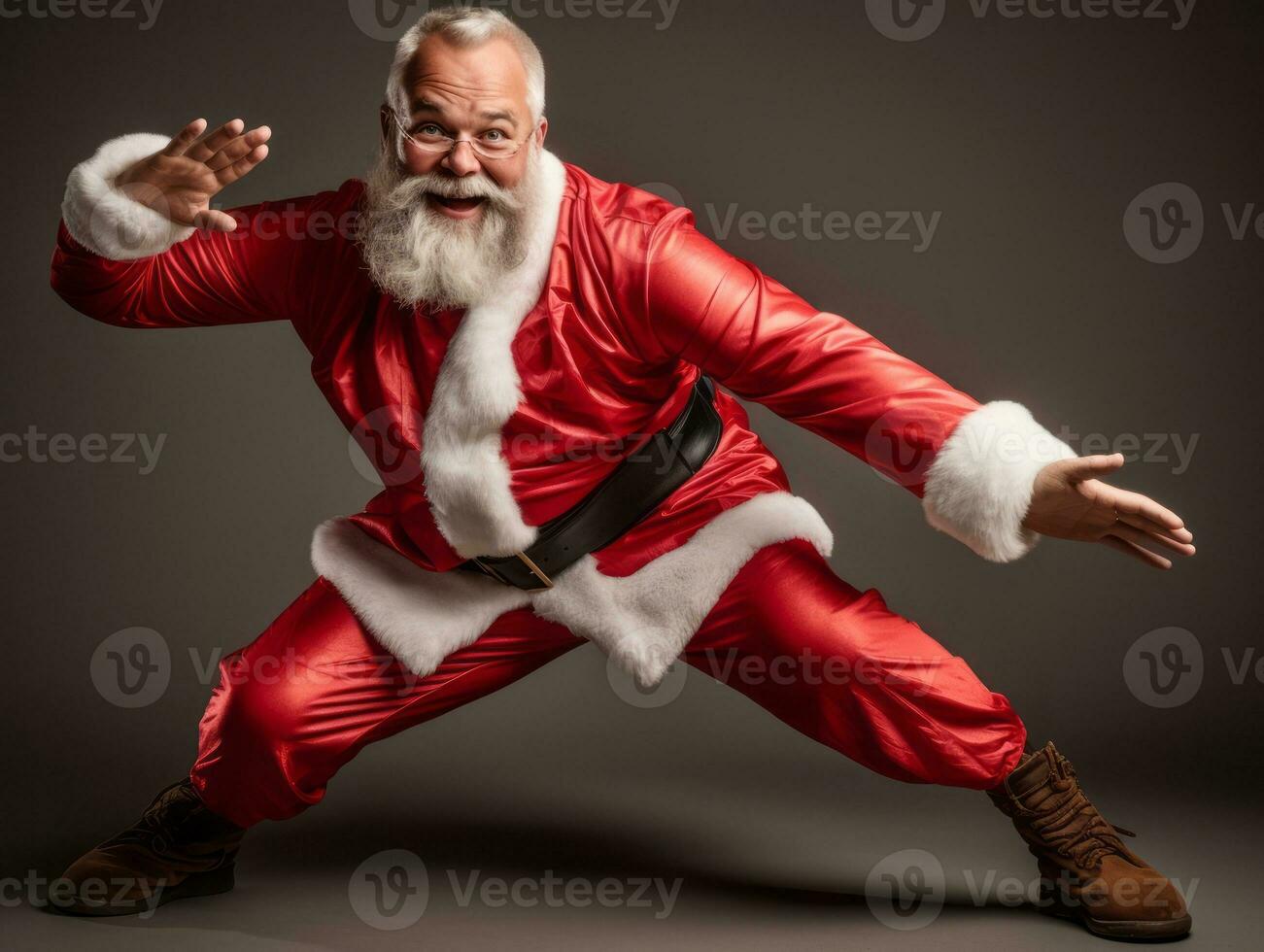 Mens gekleed net zo de kerstman claus in speels houding Aan solide achtergrond ai generatief foto