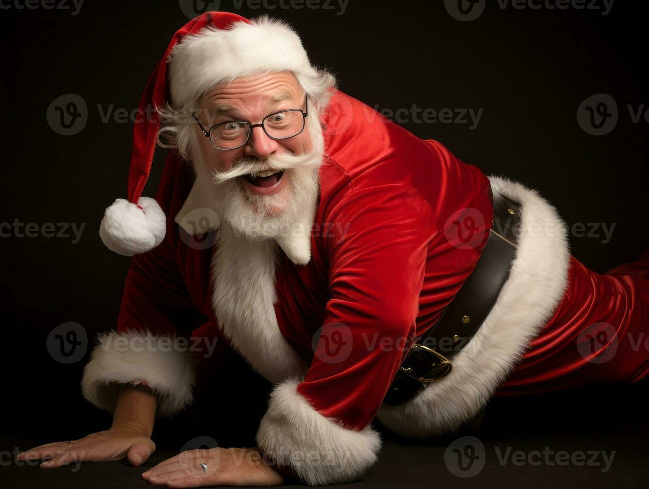 Mens gekleed net zo de kerstman claus in speels houding Aan solide achtergrond ai generatief foto