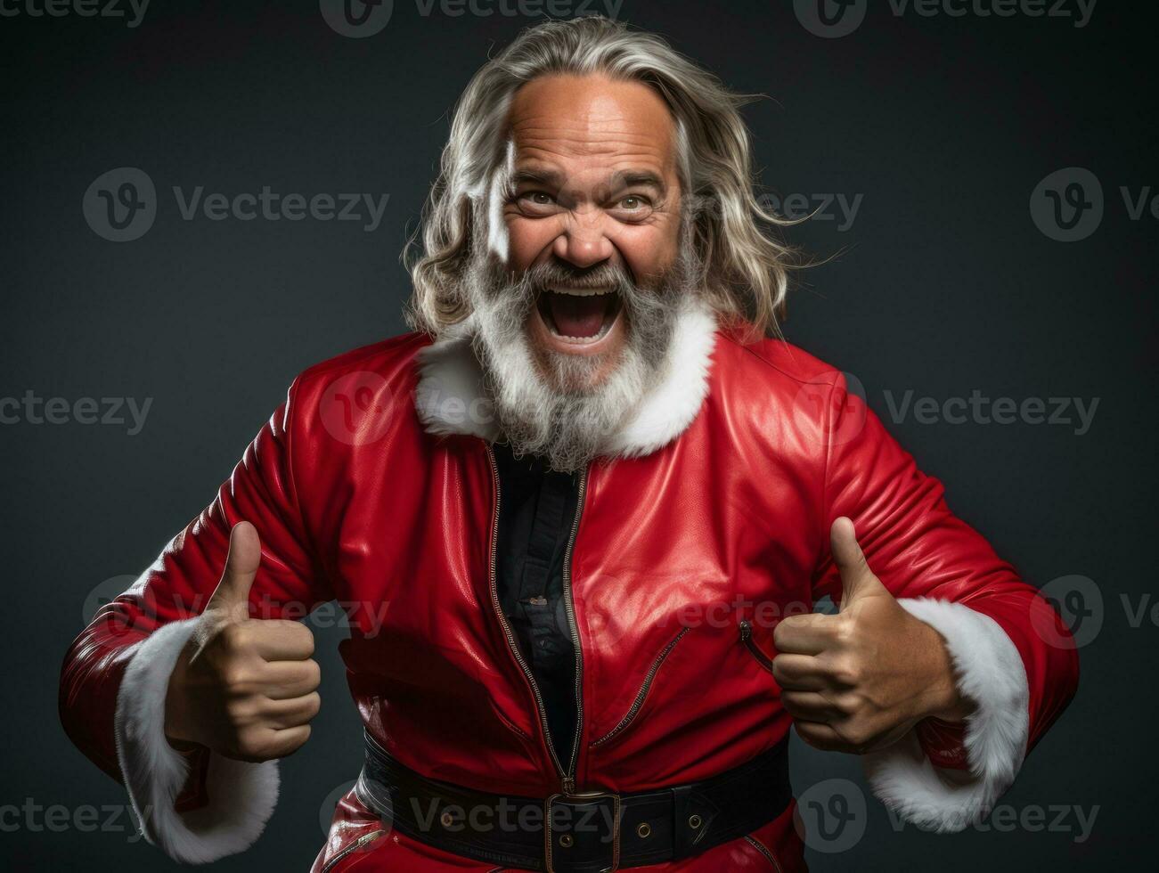 Mens gekleed net zo de kerstman claus in speels houding Aan solide achtergrond ai generatief foto