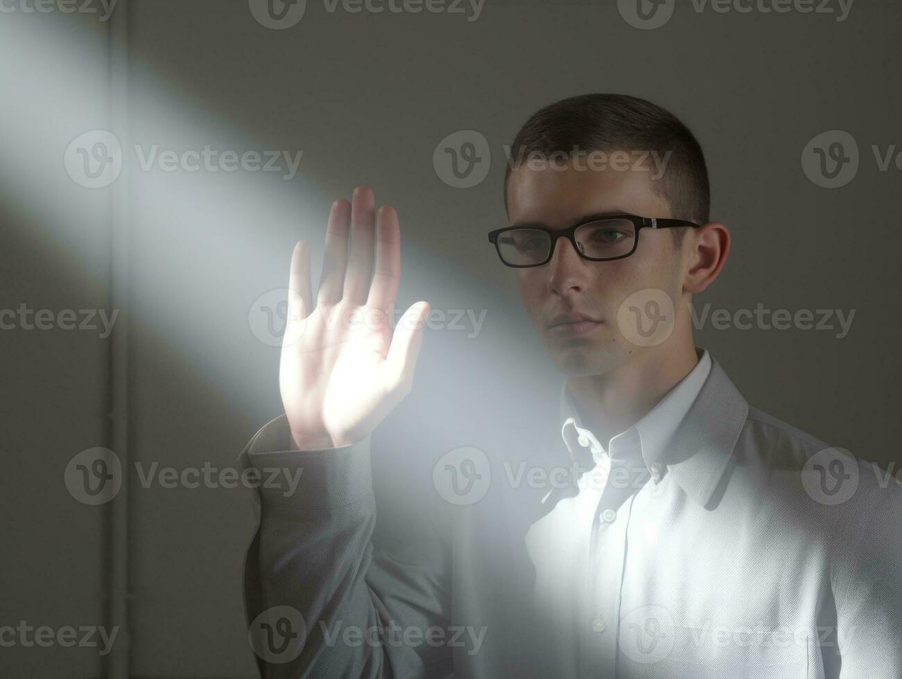 jong knap Mens emotioneel gebaren Aan solide achtergrond ai generatief foto