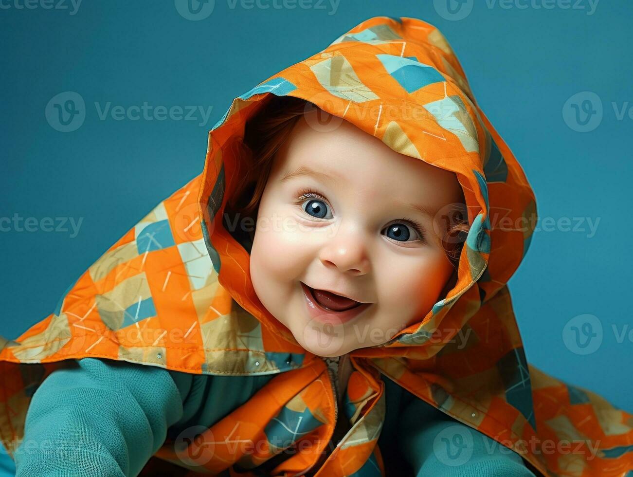 aanbiddelijk baby met levendig kleding in een speels houding ai generatief foto