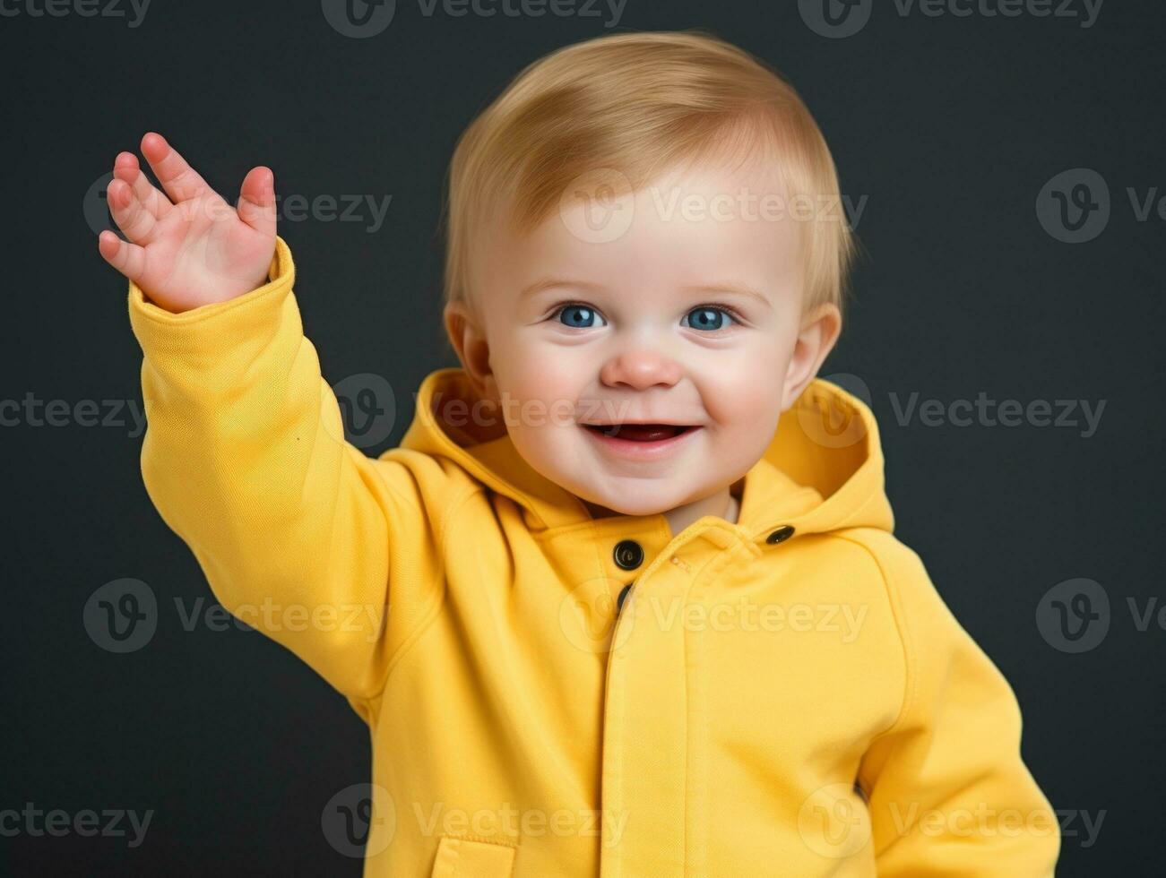 aanbiddelijk baby met levendig kleding in een speels houding ai generatief foto