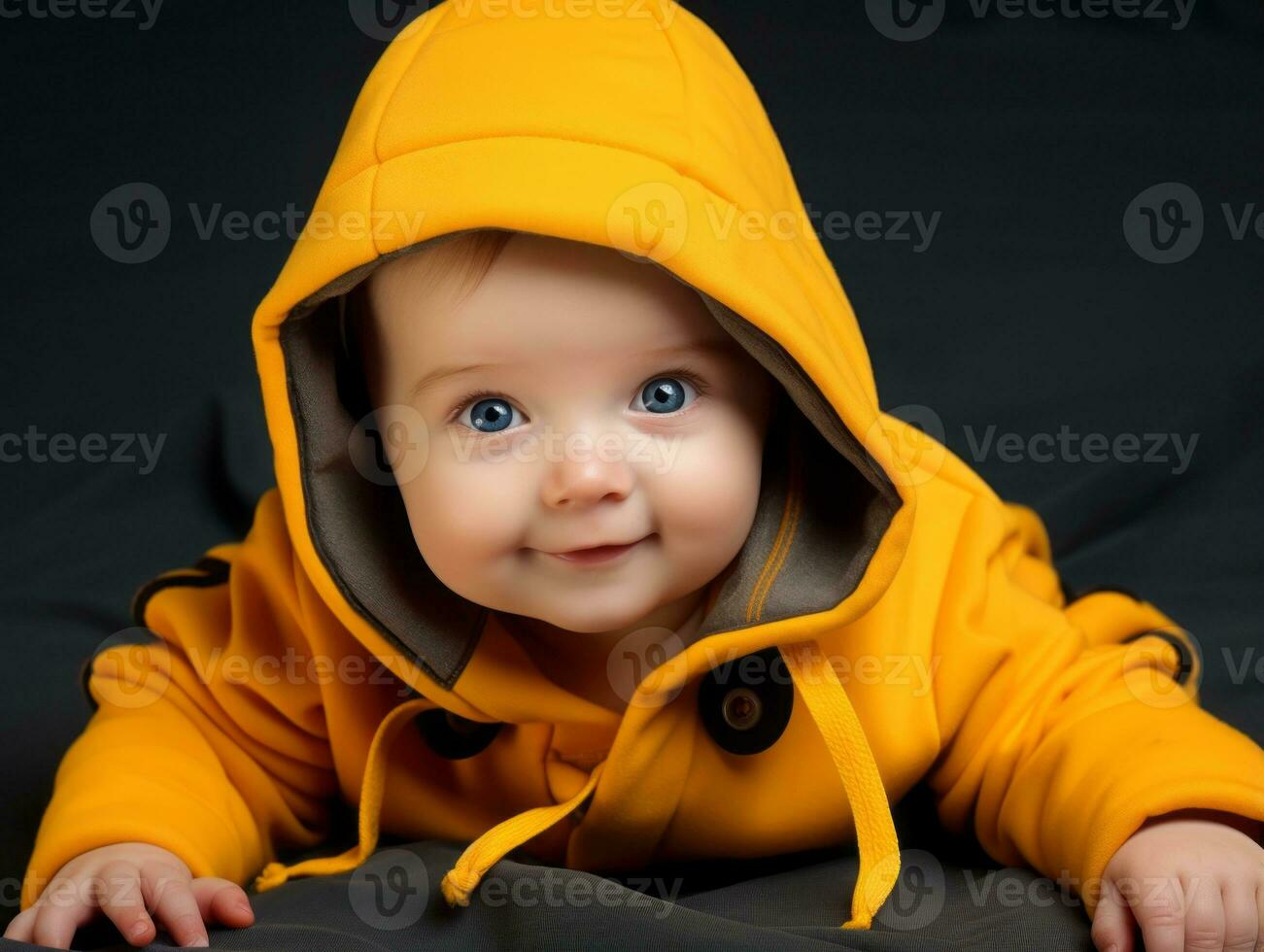 aanbiddelijk baby met levendig kleding in een speels houding ai generatief foto