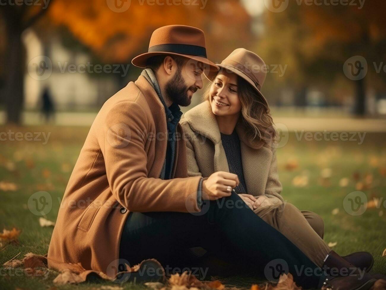 liefhebbend paar is genieten van een romantisch herfst dag ai generatief foto