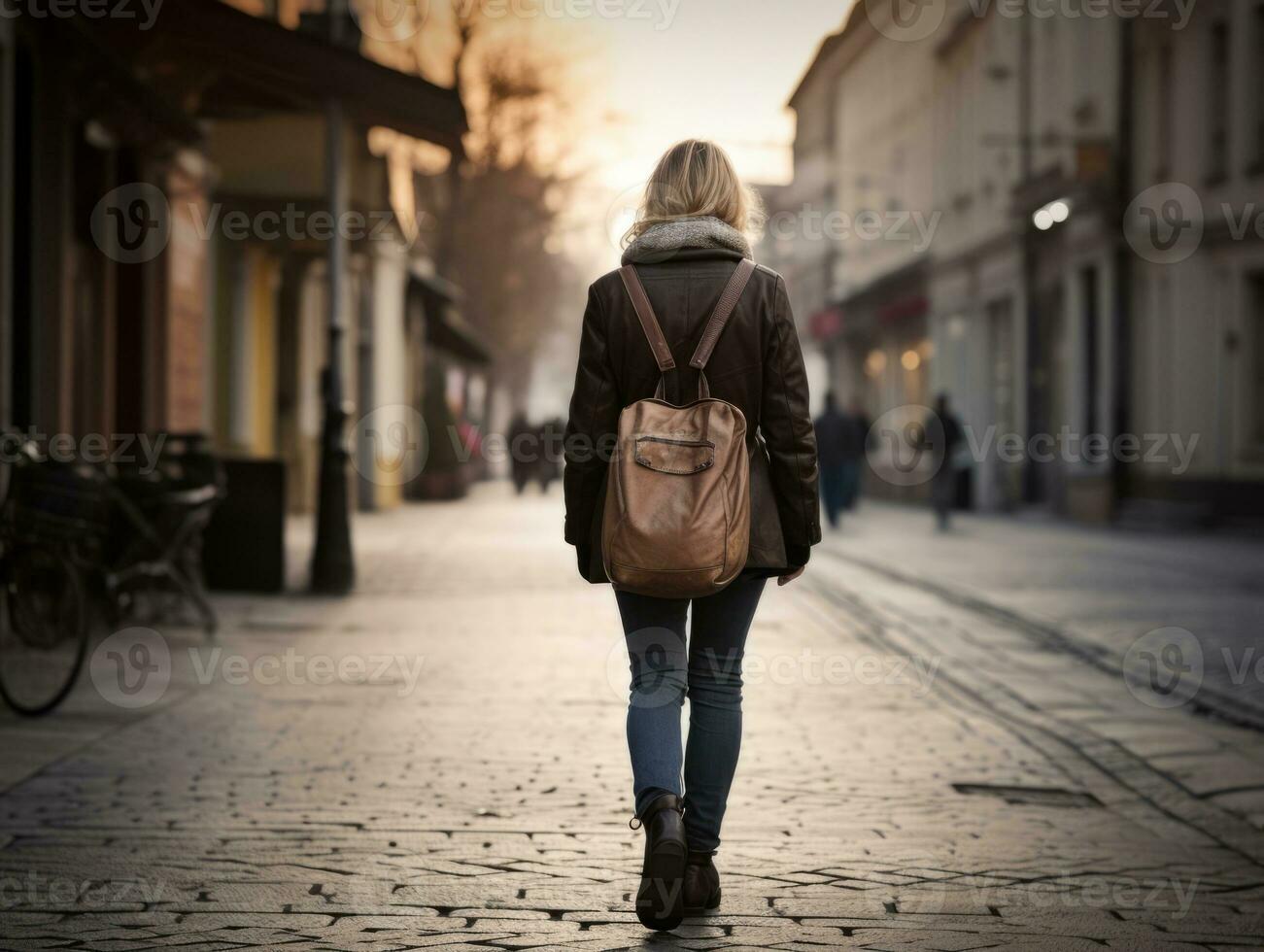 vrouw geniet een ontspannen wandelen in de hart van de stad ai generatief foto