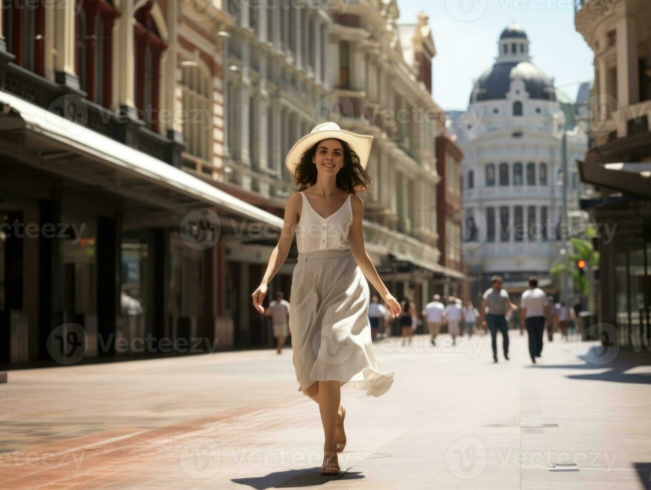 vrouw geniet een ontspannen wandelen in de hart van de stad ai generatief foto