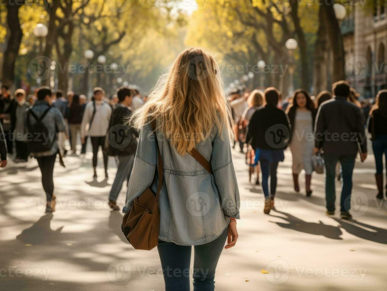 vrouw geniet een ontspannen wandelen in de hart van de stad ai generatief foto