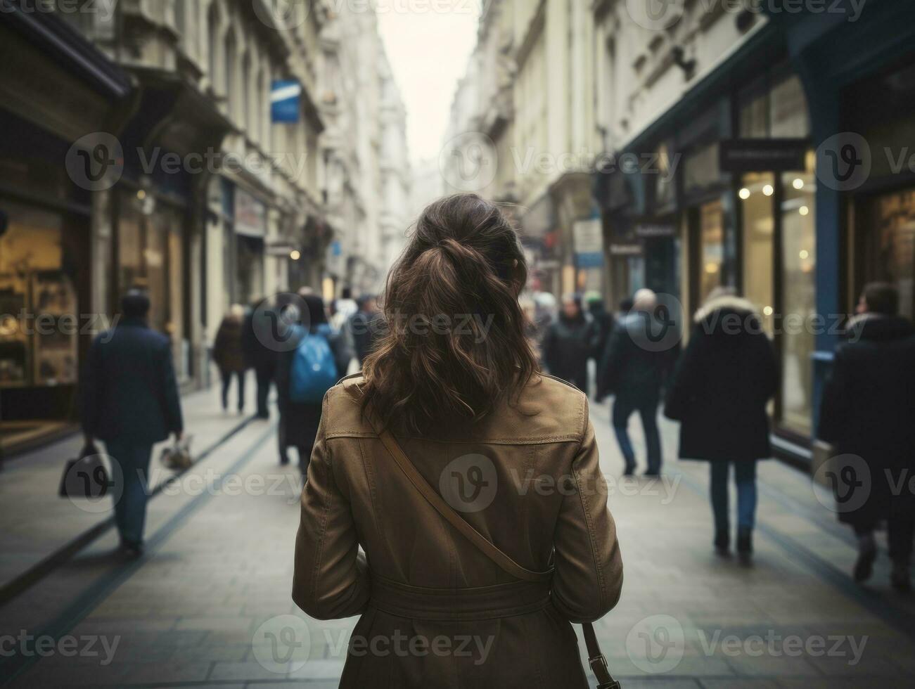 vrouw geniet een ontspannen wandelen in de hart van de stad ai generatief foto