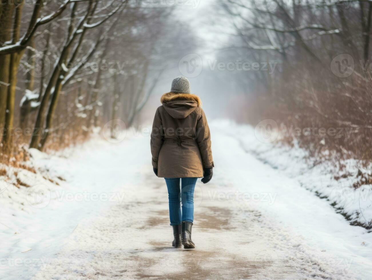 vrouw geniet een ontspannen wandelen in de winter dag ai generatief foto