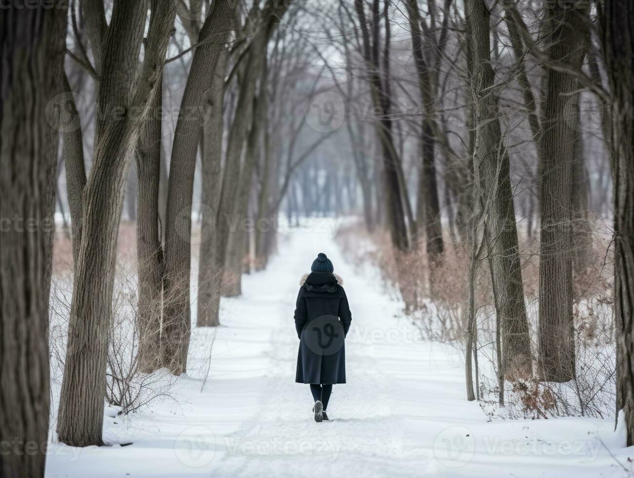 vrouw geniet een ontspannen wandelen in de winter dag ai generatief foto