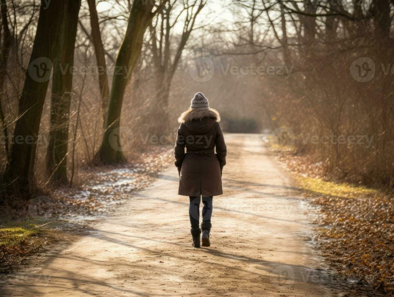 vrouw geniet een ontspannen wandelen in de winter dag ai generatief foto