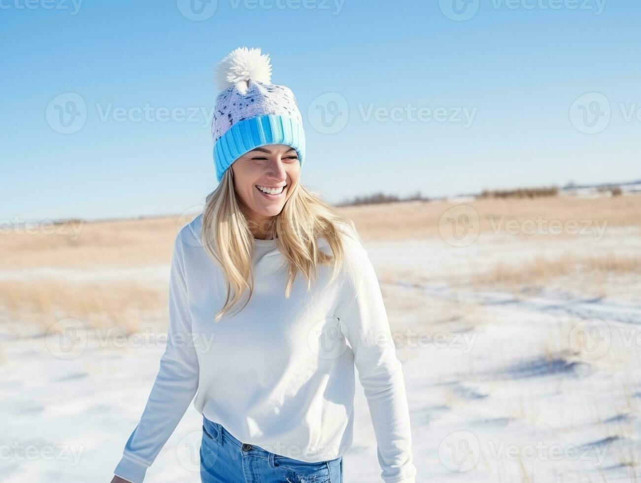 vrouw geniet een ontspannen wandelen in de winter dag ai generatief foto