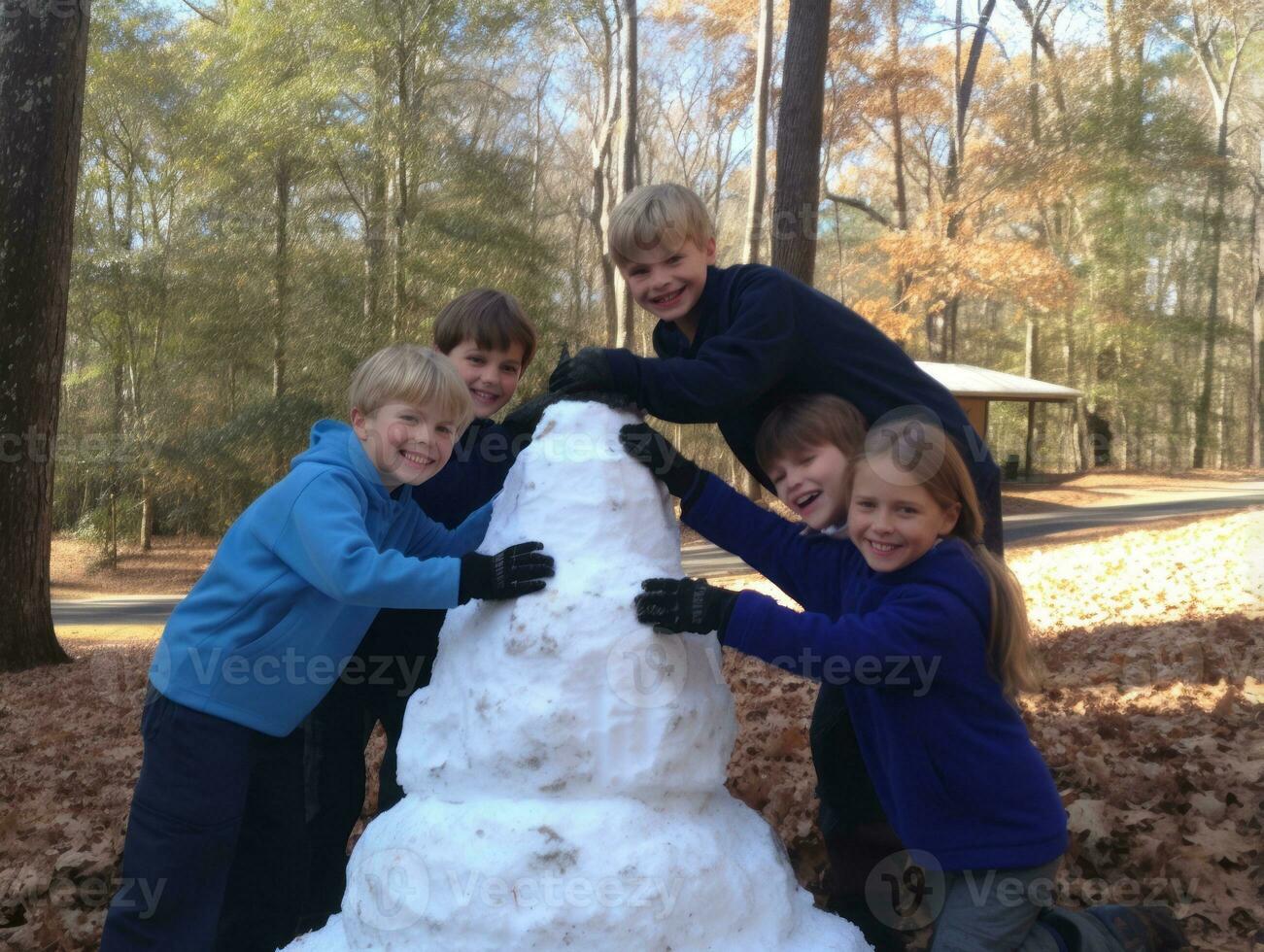 kinderen gebouw een sneeuwman in winter dag ai generatief foto