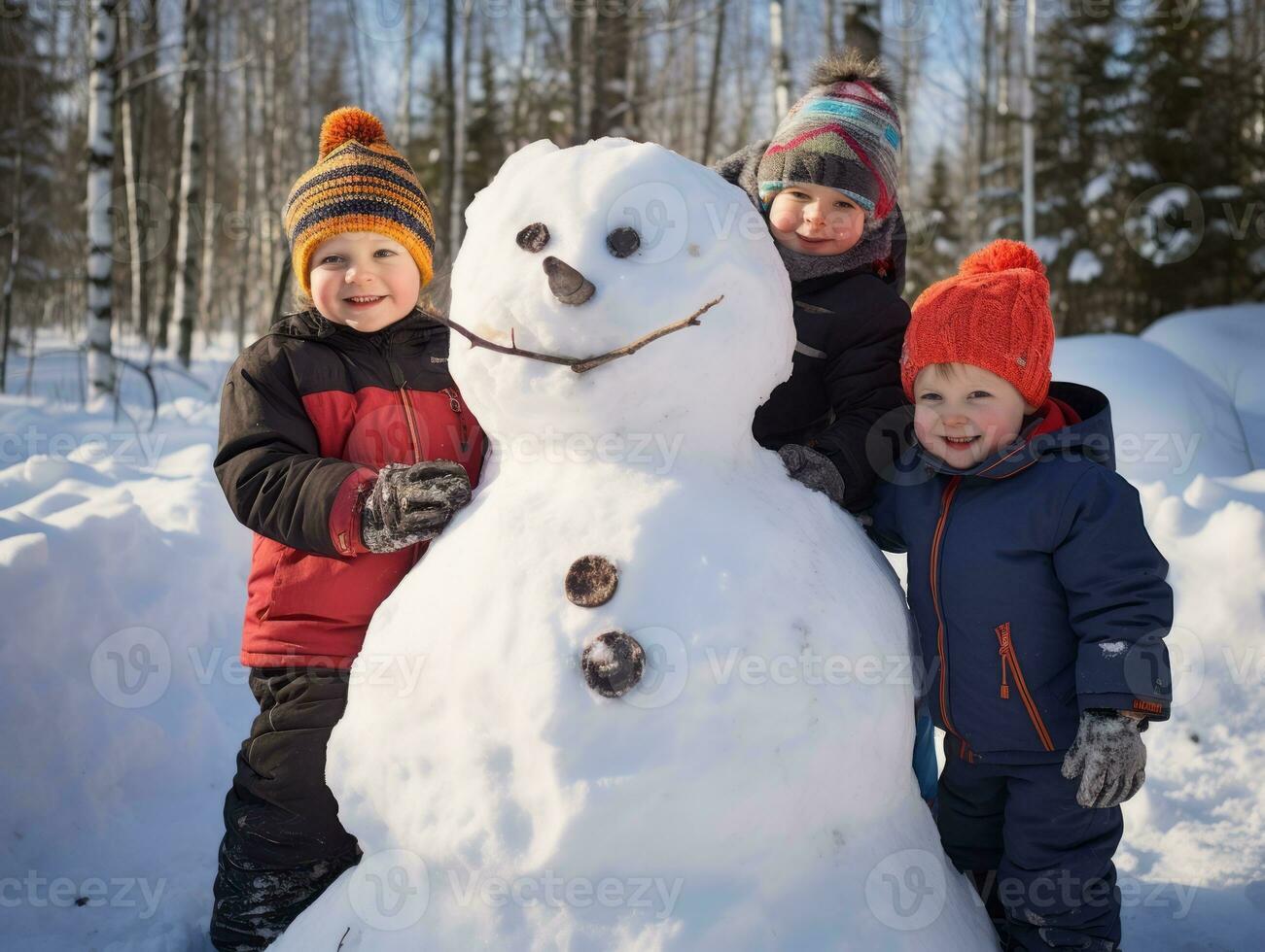 kinderen gebouw een sneeuwman in winter dag ai generatief foto