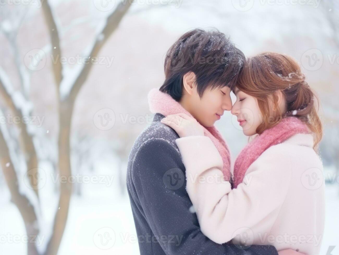 liefhebbend Aziatisch paar is genieten van een romantisch winter dag ai generatief foto