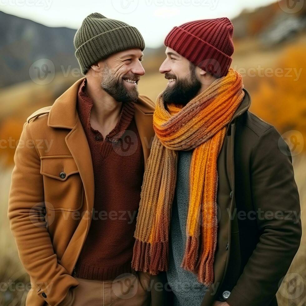 liefhebbend homoseksueel paar is genieten van een romantisch herfst dag ai generatief foto