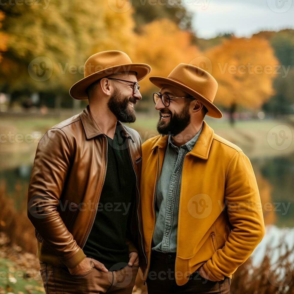 liefhebbend homoseksueel paar is genieten van een romantisch herfst dag ai generatief foto