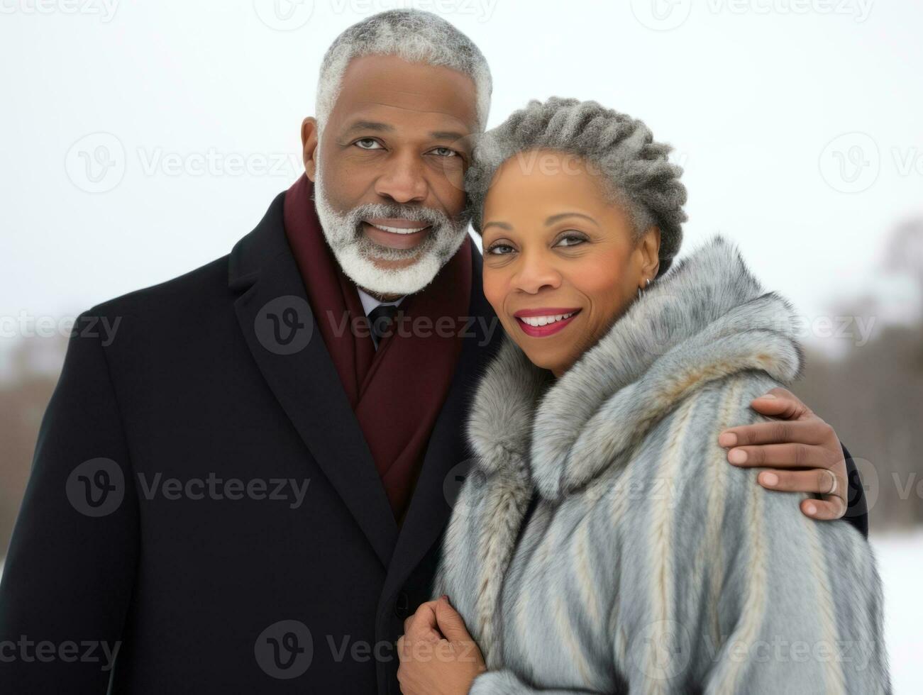 liefhebbend oud Afrikaanse Amerikaans paar is genieten van een romantisch winter dag ai generatief foto