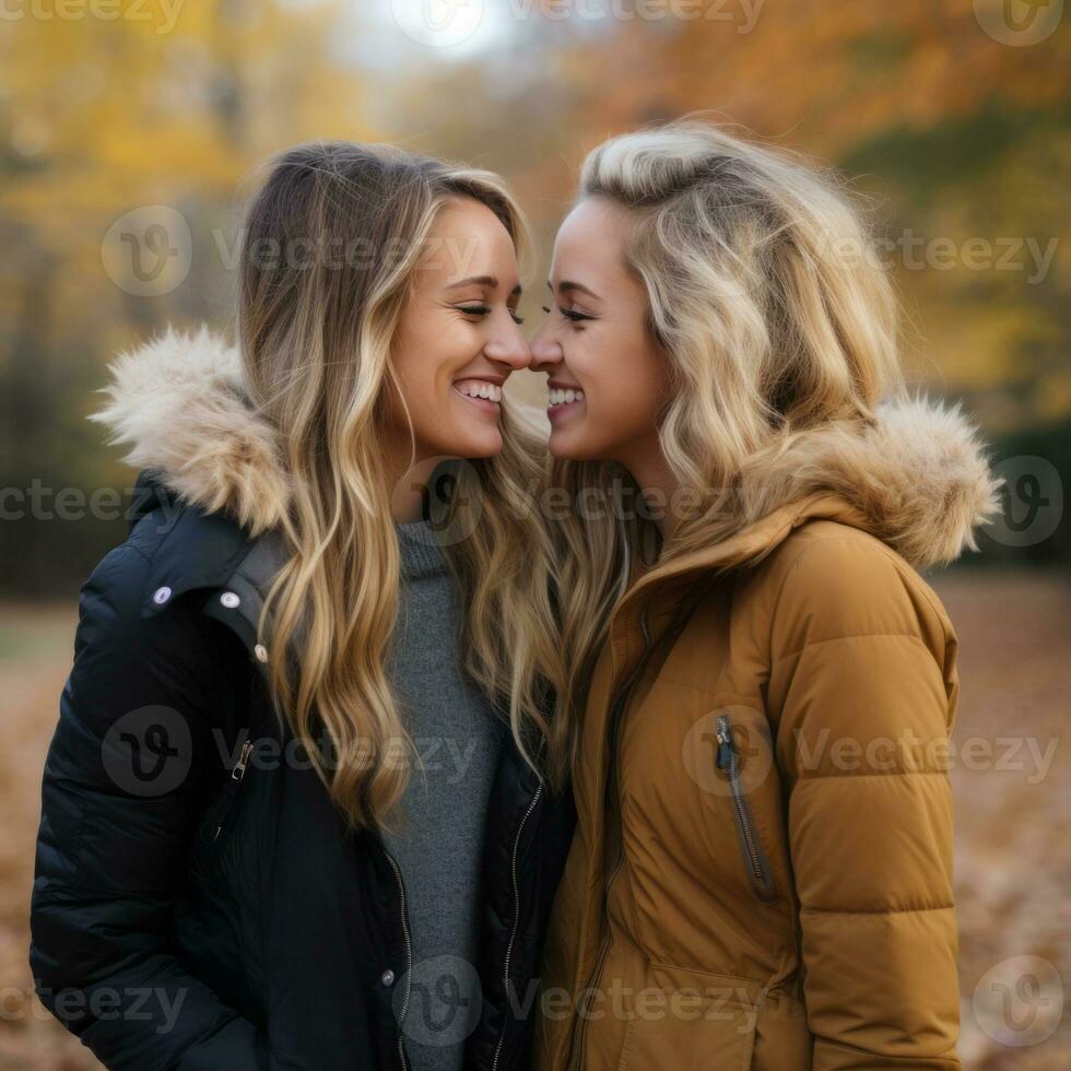 liefhebbend homoseksueel dames paar is genieten van een romantisch herfst dag ai generatief foto