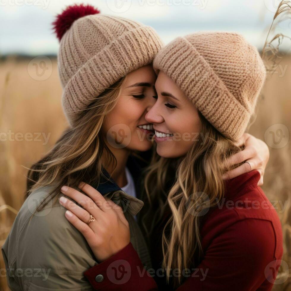 liefhebbend homoseksueel dames paar is genieten van een romantisch herfst dag ai generatief foto