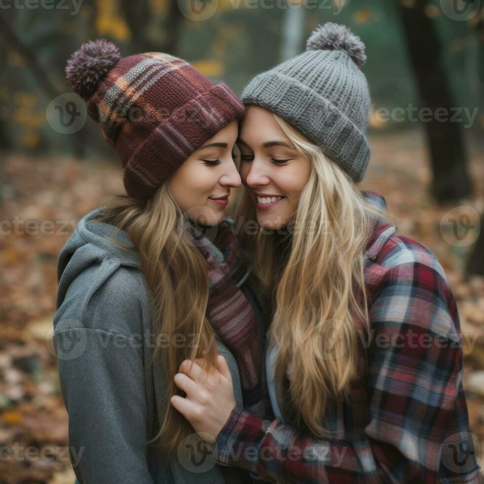 liefhebbend homoseksueel dames paar is genieten van een romantisch herfst dag ai generatief foto