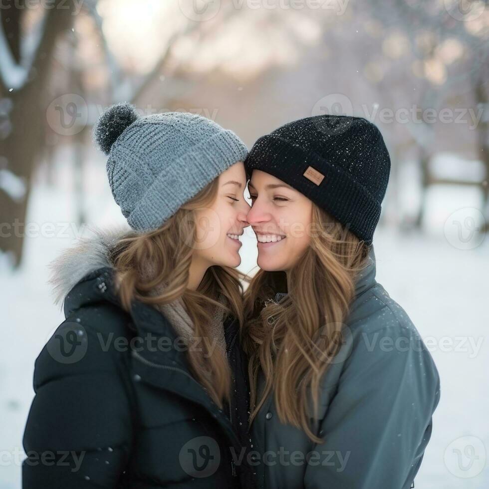 liefhebbend homoseksueel dames paar is genieten van een romantisch winter dag ai generatief foto