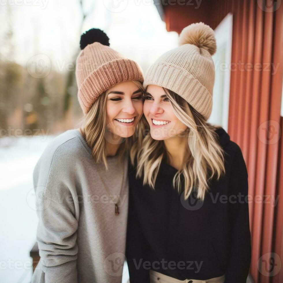 liefhebbend homoseksueel dames paar is genieten van een romantisch winter dag ai generatief foto