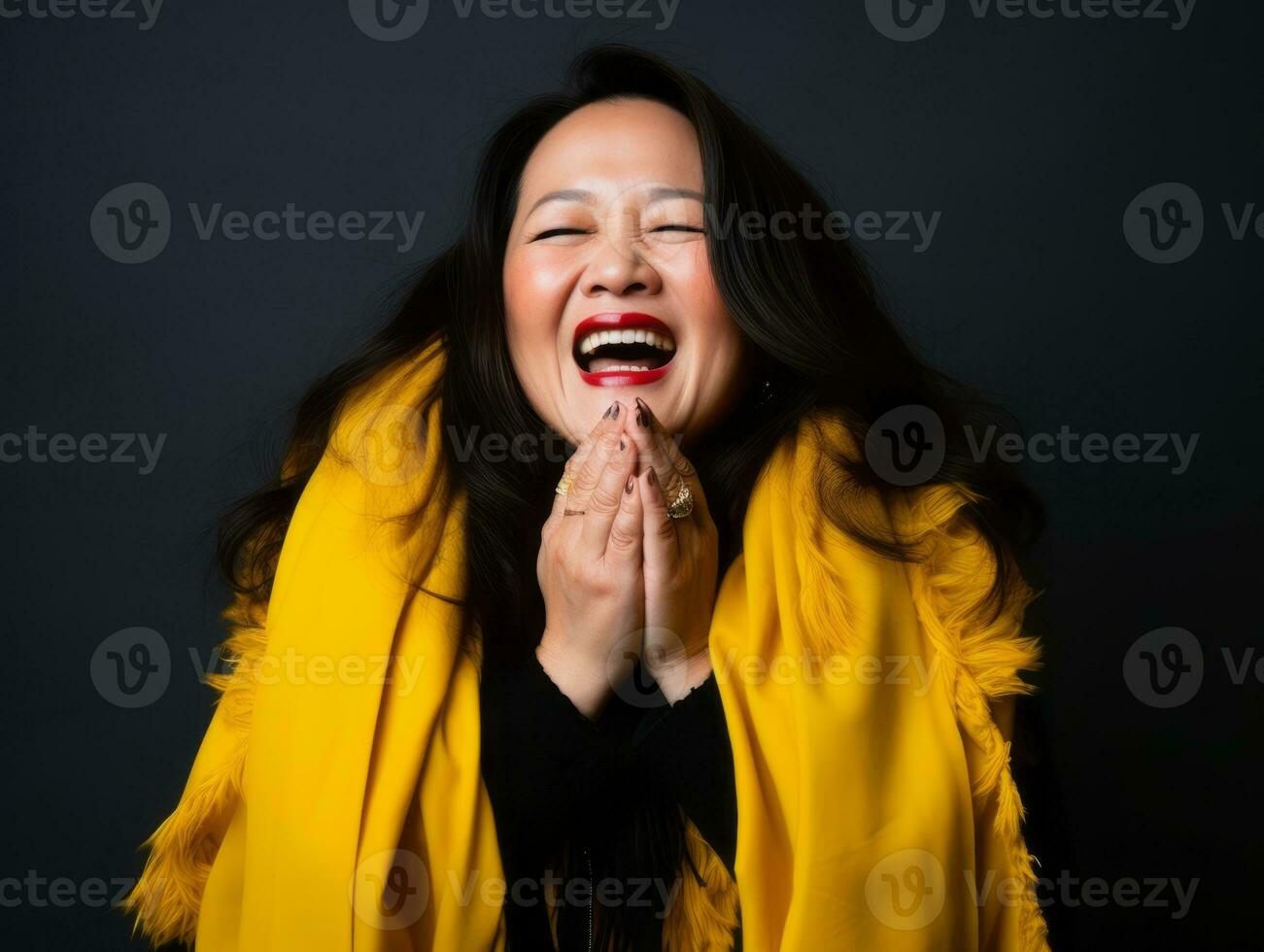 40 jaar oud Aziatisch vrouw in emotioneel dynamisch houding Aan solide achtergrond ai generatief foto