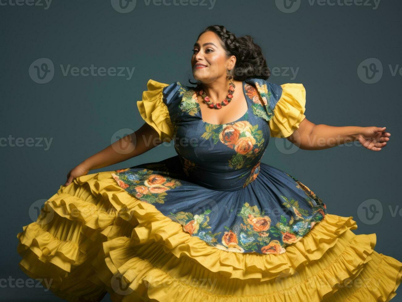 40 jaar oud Mexicaans vrouw in speels houding Aan solide achtergrond ai generatief foto