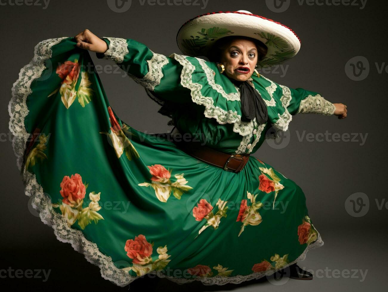 50 jaar oud Mexicaans vrouw in emotioneel dynamisch houding Aan solide achtergrond ai generatief foto