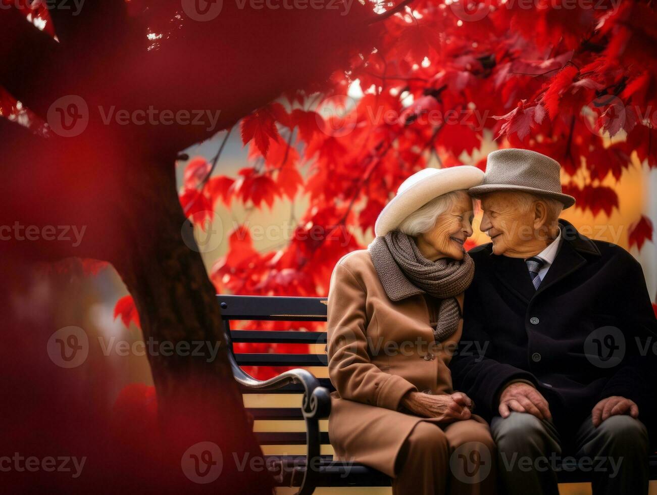 liefhebbend oud paar is genieten van een romantisch herfst dag ai generatief foto