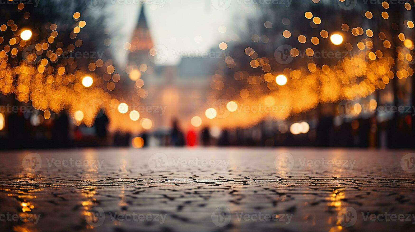 generatief ai, Kerstmis eerlijk wazig achtergrond, winter straat markt in Europa foto