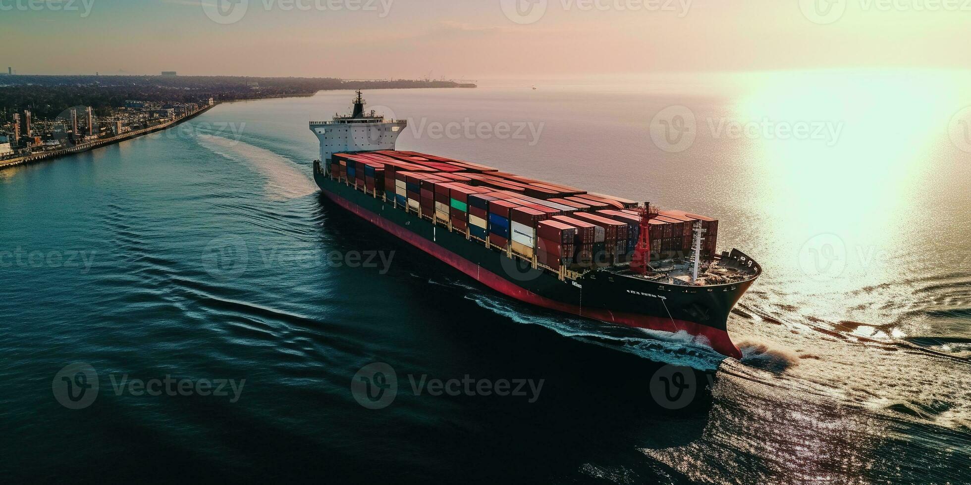 generatief ai, houder schip in importeren exporteren en bedrijf logistiek. antenne visie, water vervoer, lading Verzending in Open zee. foto