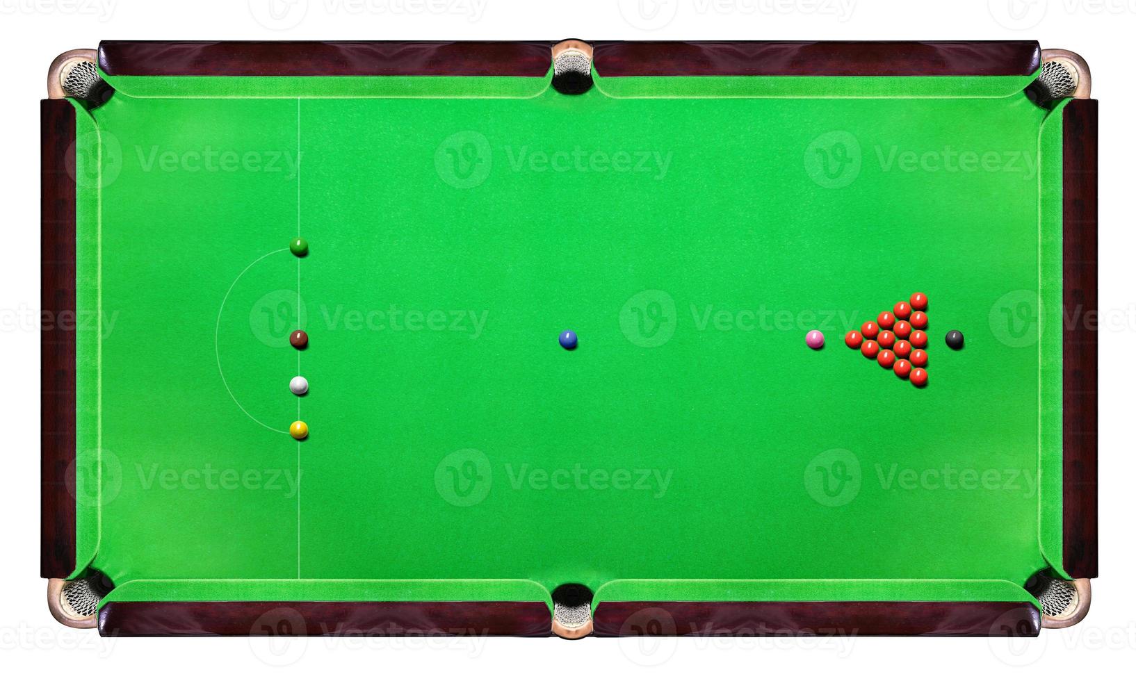 snookertafel met veelkleurige snookerballen op groen bovenaanzicht foto