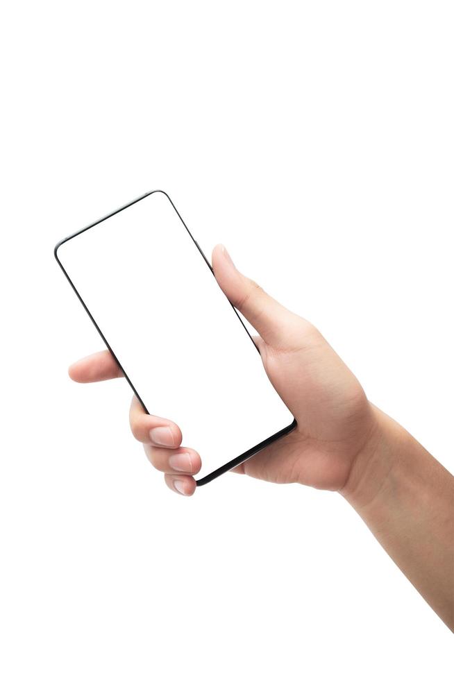 hand met smartphone op witte achtergrond met uitknippad foto