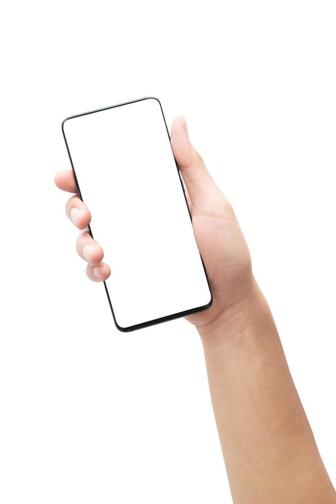 hand met smartphone op witte achtergrond met uitknippad foto