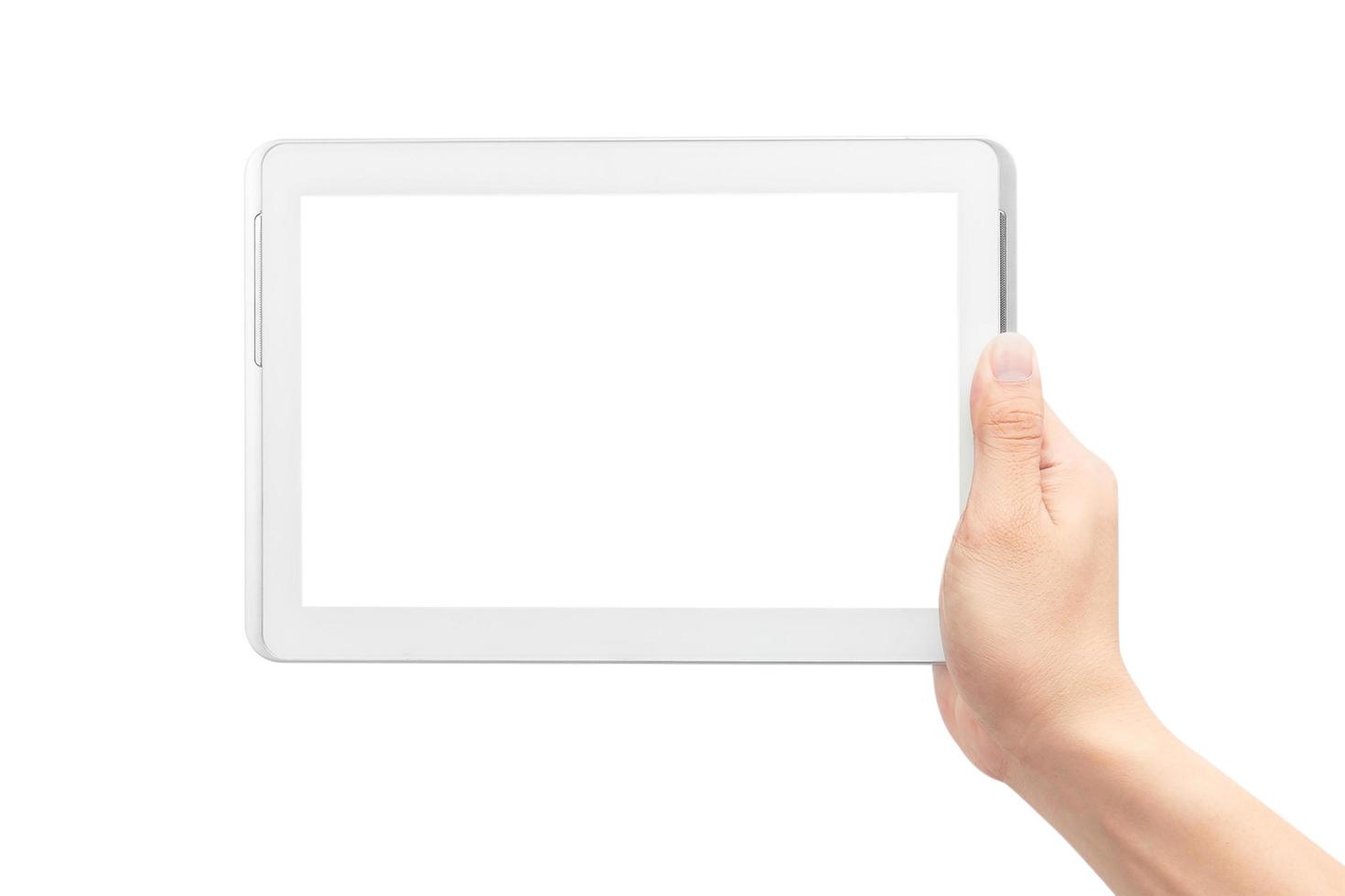 hand met tabletcomputer op witte achtergrond met uitknippad foto
