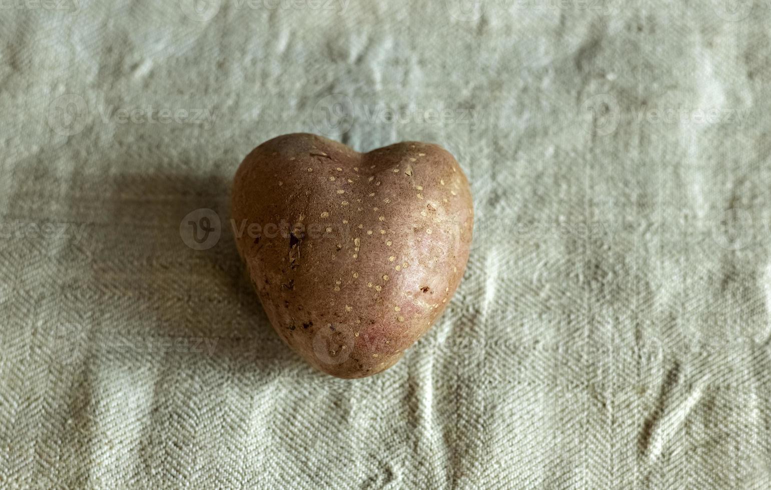 hartvormige aardappelen op een linnen achtergrond. het concept van landbouw, oogsten, vegetarisme. Valentijnsdag. vierkant, lelijk eten. foto