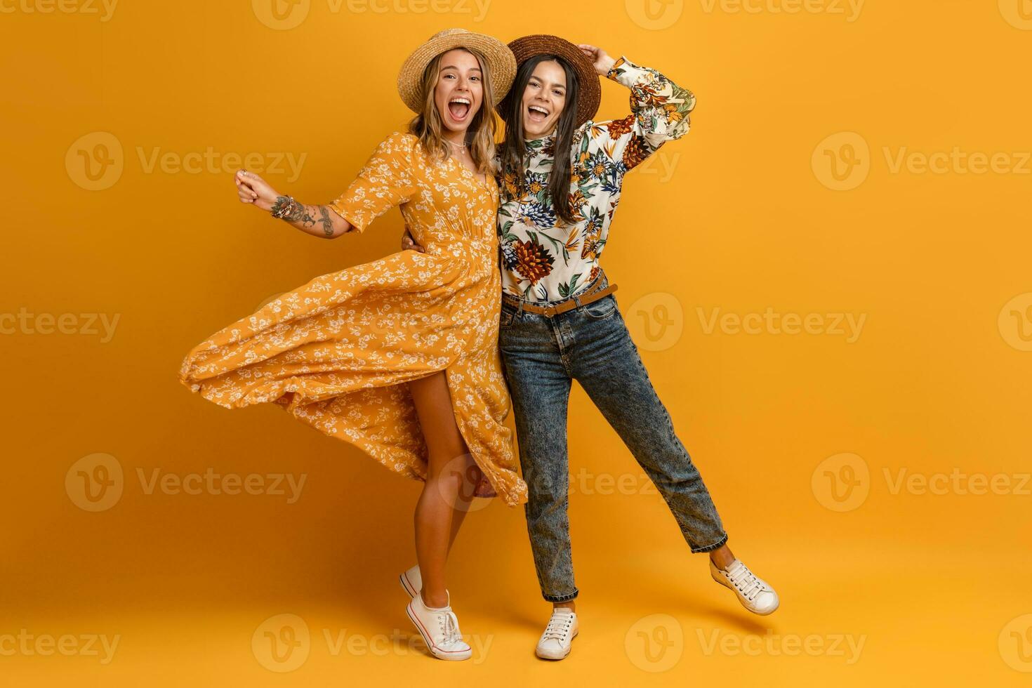 twee mooi aantrekkelijk elegant Dames vrienden hebben pret samen foto